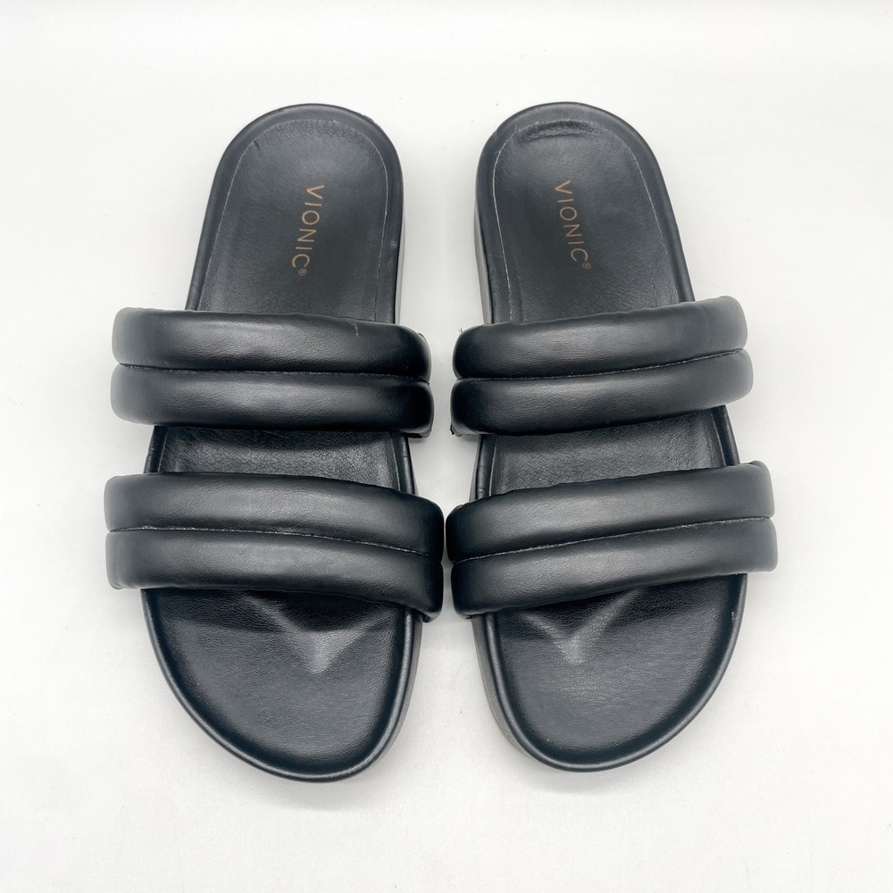 Vionic Womens 10 Mayla Slide Sandals Black Padded Leather Two Strap Orthotic